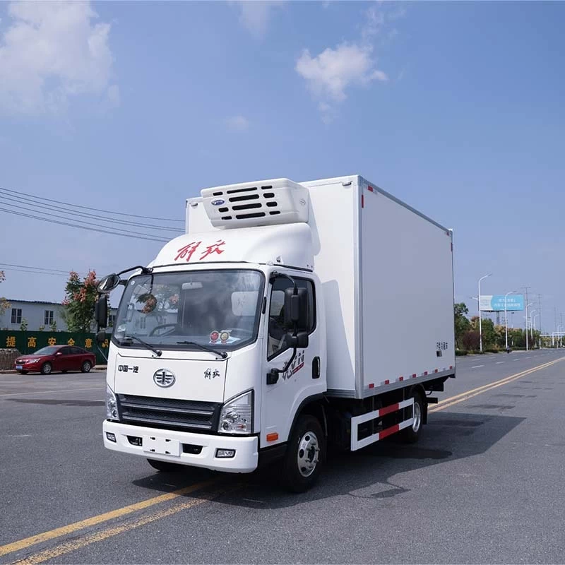 Faw 4x2 RHD Freezer Truck Meat Fruit Fish Cold Van Truck Oblique Front View
