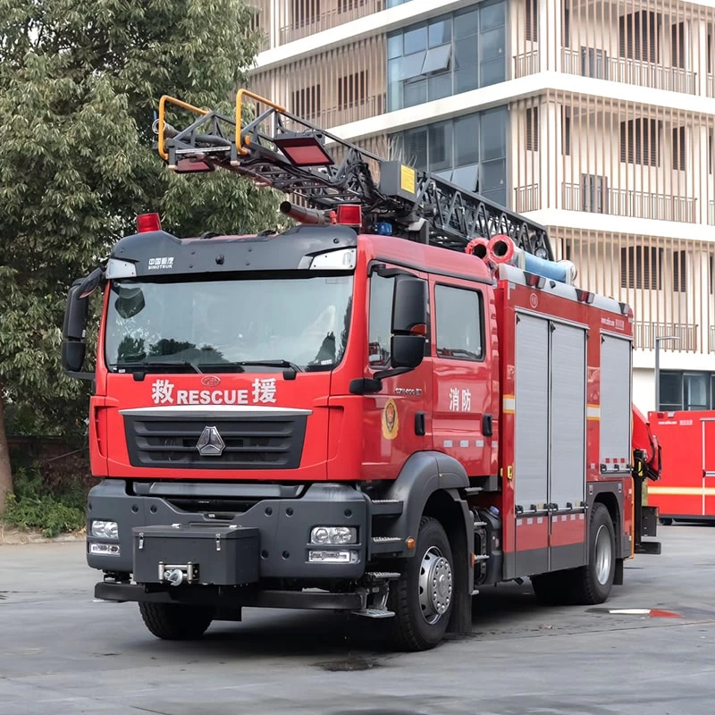 Howo 8 CBM Aerial Ladder Rescue Fire Fighting Truck Oblique Front View
