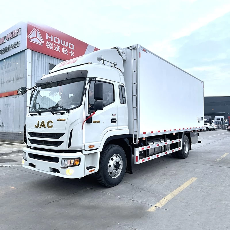 JAC 4*2 reefer fresh food refrigerator trucks for sale Oblique Front View