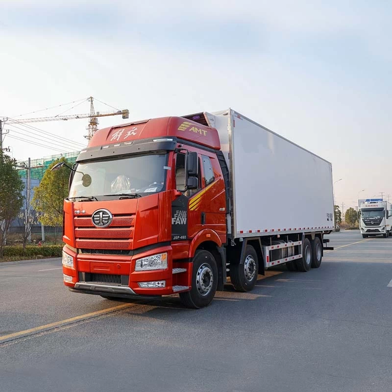 Faw 9.6m  Drive Type Refrigerated Cold Van Truck For Sales Oblique Front View
