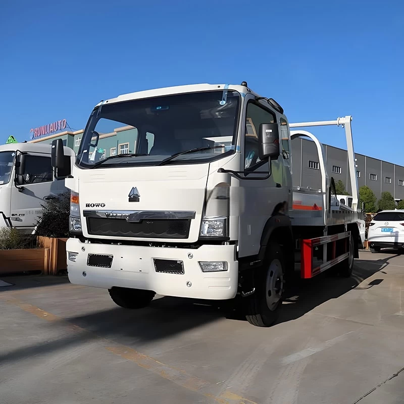 New or used Howo 7CBM Swing Arm Skip Loader Garbage Truck Oblique Front View