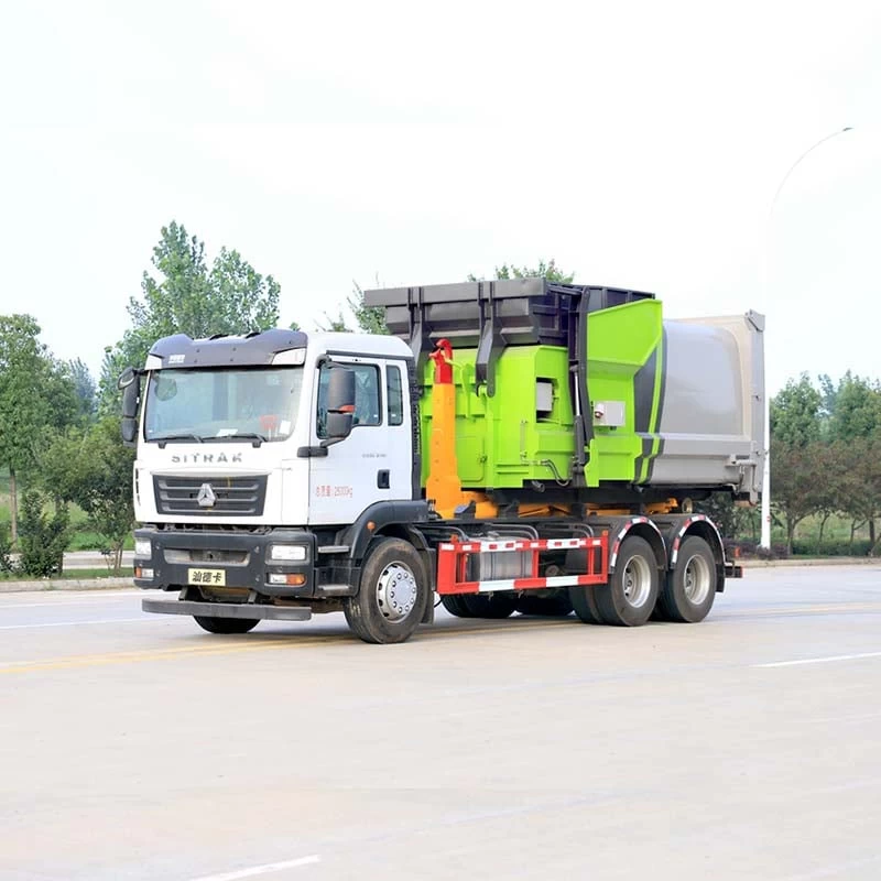 HOWO 16m3 6*4 Hydraulic Hook-lift hoist garbage truck Oblique Front View 