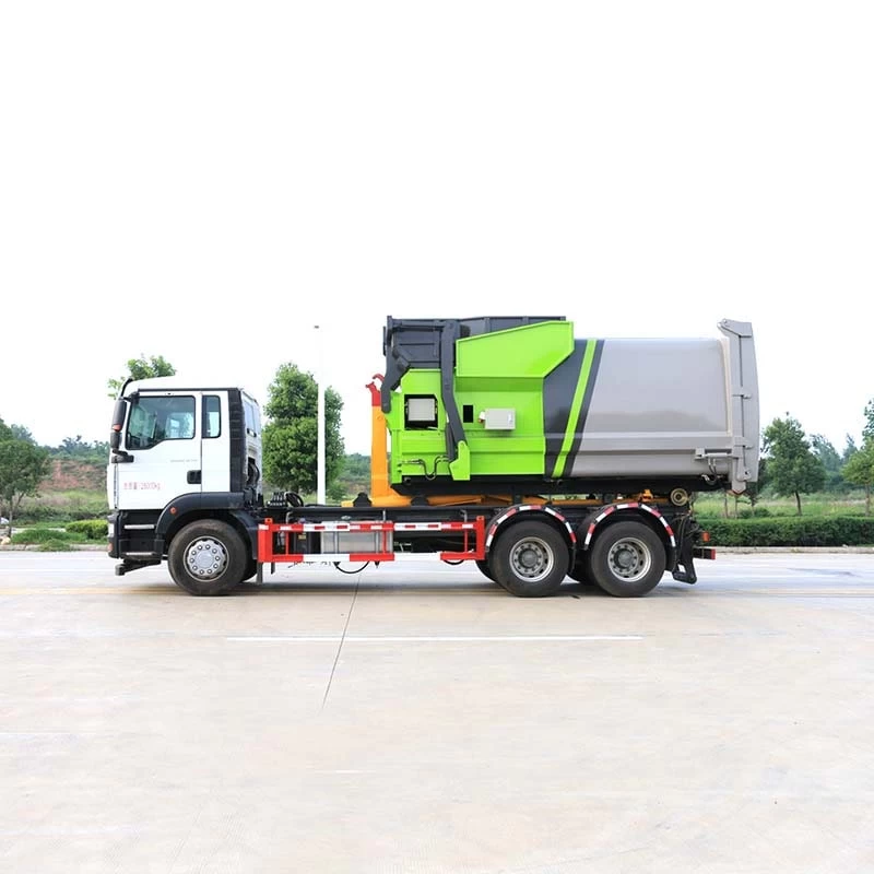 HOWO 16m3 6*4 Hydraulic Hook-lift hoist garbage truck Front Side View